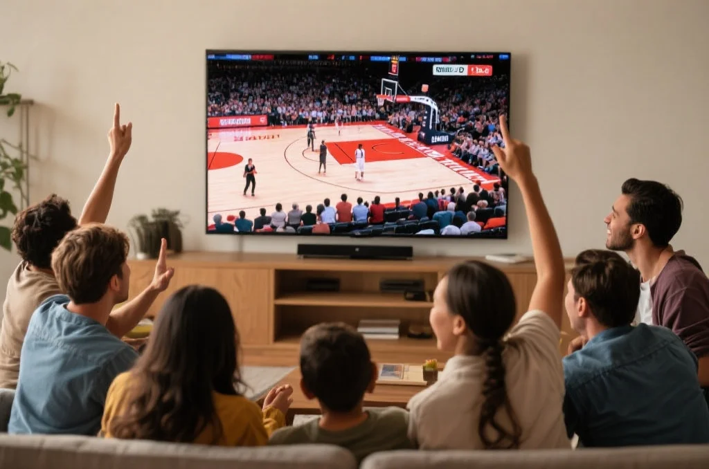 朋友们通过爱游戏体育官网APP在大屏幕上观看NBA高清直播