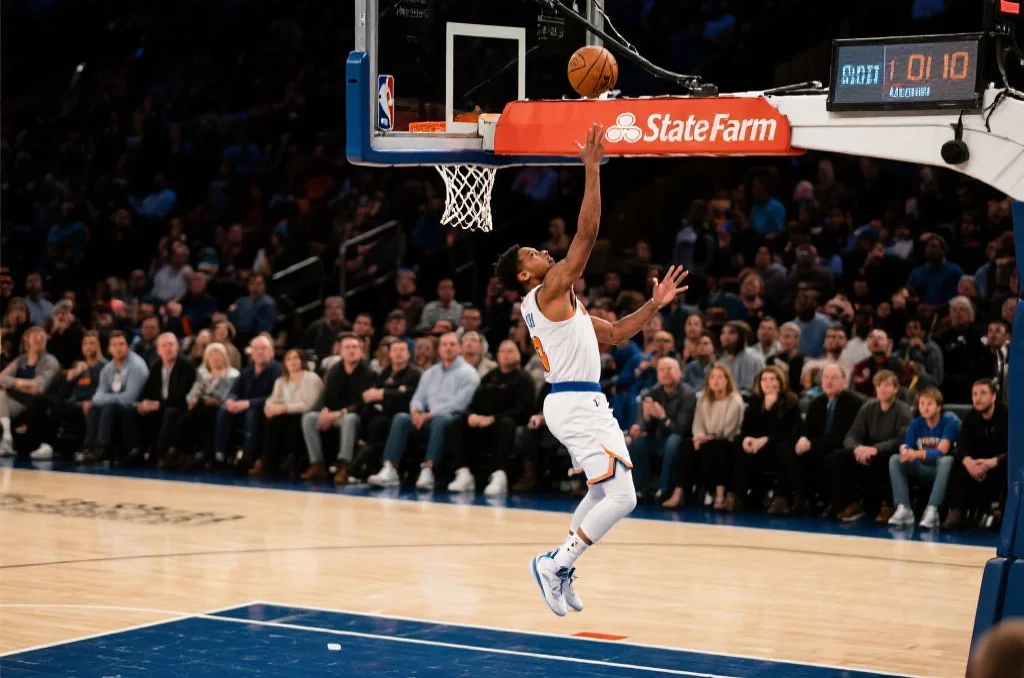 篮球比赛中,一位身穿白色球衣的球员在侧翼高高跃起投篮,篮球即将落入篮筐,现场观众屏息凝视